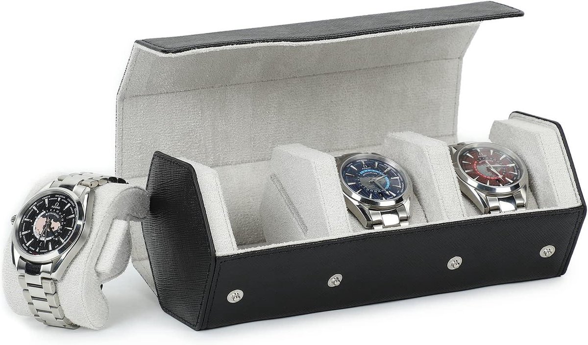 Zeshoekige horlogekoker van echt leer voor 3 horloges - reis horlogebox met opbergdoos - zwart