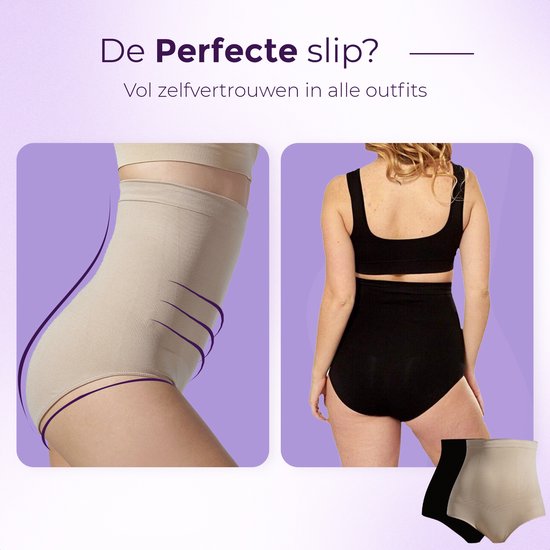 Collage met twee modellen: links in beige corrigerend ondergoed, rechts in zwart. Tekst: 'De Perfecte slip? Vol zelfvertrouwen in alle outfits'.