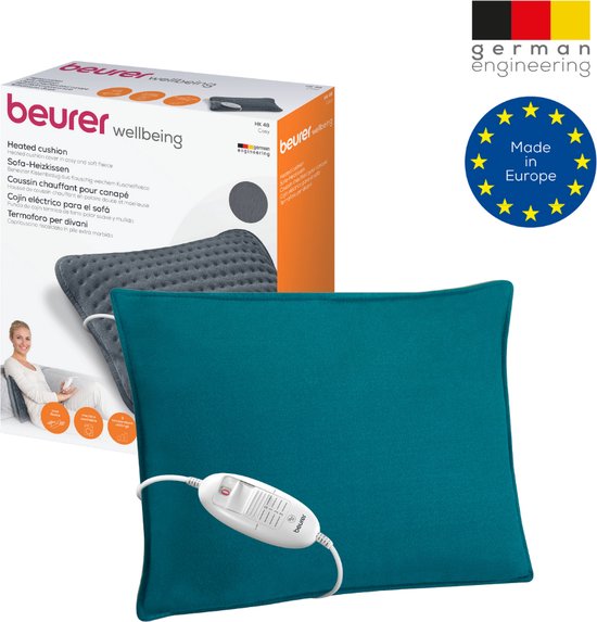 Beurer HK 48 Petrol Elektrisch Warmtekussen - Heating pad - 40 x 30 cm - 3 Warmtestanden - Max. 65°C - Snelle opwarming - Automatische uitschakeling - Fleece - Machinewasbaar - 3 jaar garantie - Inclusief Petrol Kussenhoes