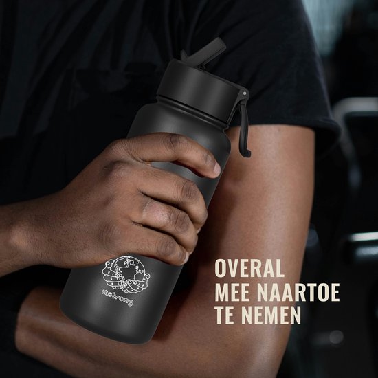 Bouteille isotherme Itstrong® avec paille - Gourde 700 ml - Gourde avec bouchon Extra - Bouteille isotherme - Acier inoxydable à double paroi - Anti-fuite - Zwart