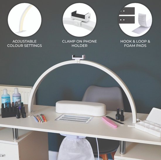 Lampe De Bureau Manucure LED Demi-lune - 125 LED, 25W, 3 Modes Couleur - 39x21,5x7 Cm - Aluminium, Pour Salon Beauté