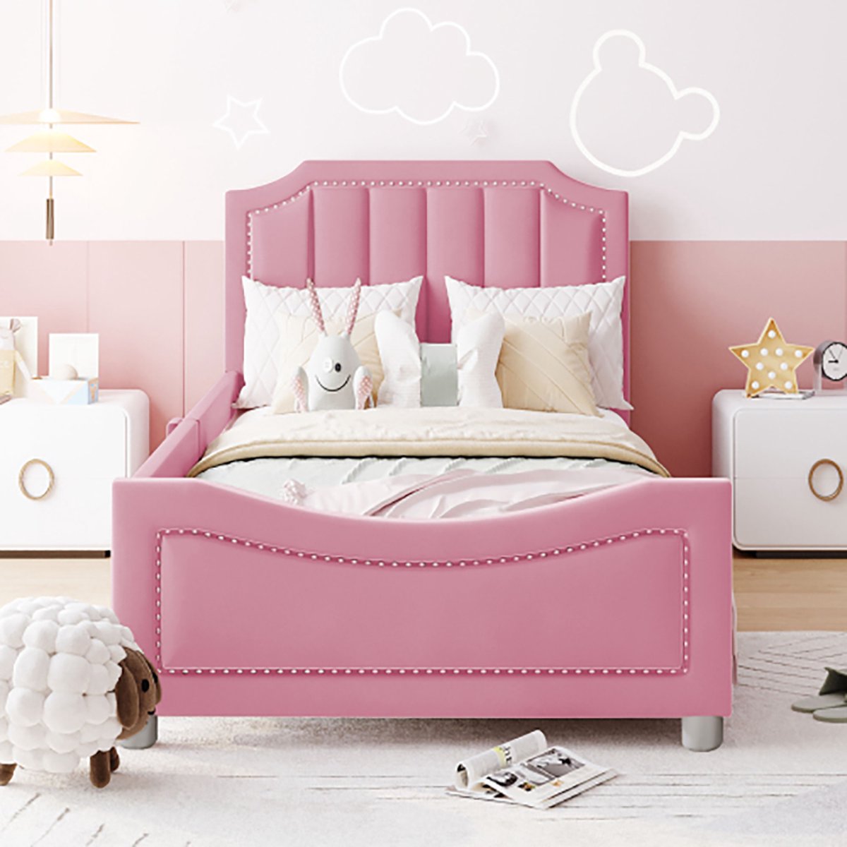 KOMHTOM Bed kinderbed 90x200 cm Gestoffeerd slaapbank met rugleuning bijzetbed Roze