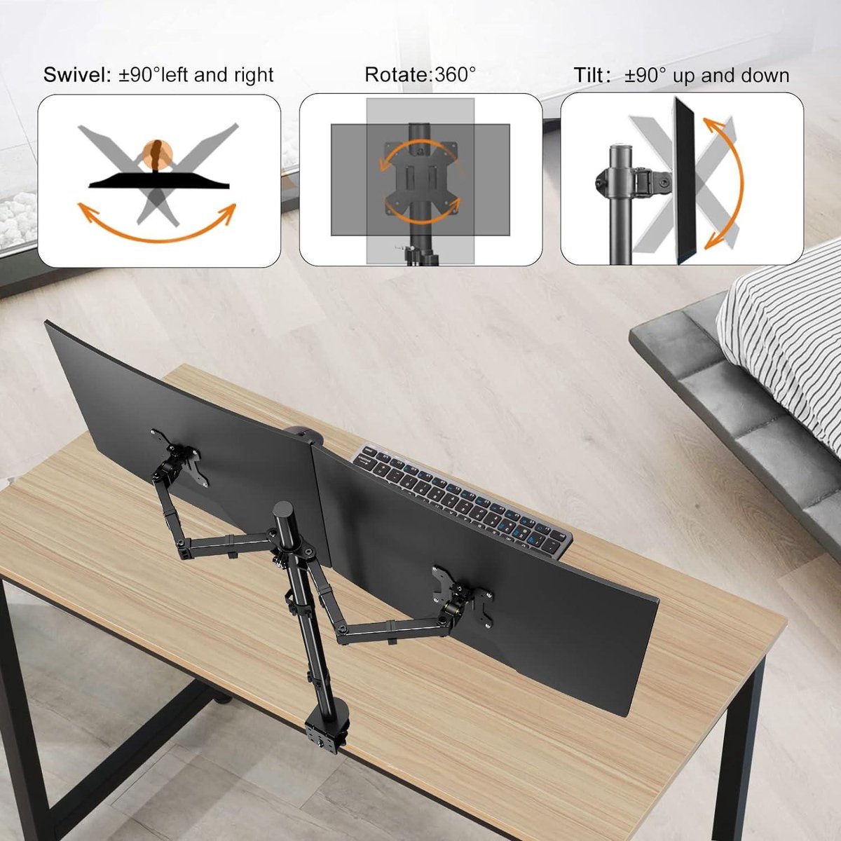 GRIFEMA Twee monitoren voor 33-81 cm (13-32 inch) LED/LCD, houder voor 2 monitoren, in hoogte verstelbaar, kantelbaar, draaibaar, kabelbeheer, tot 10 kg, VESA 75/100 mm