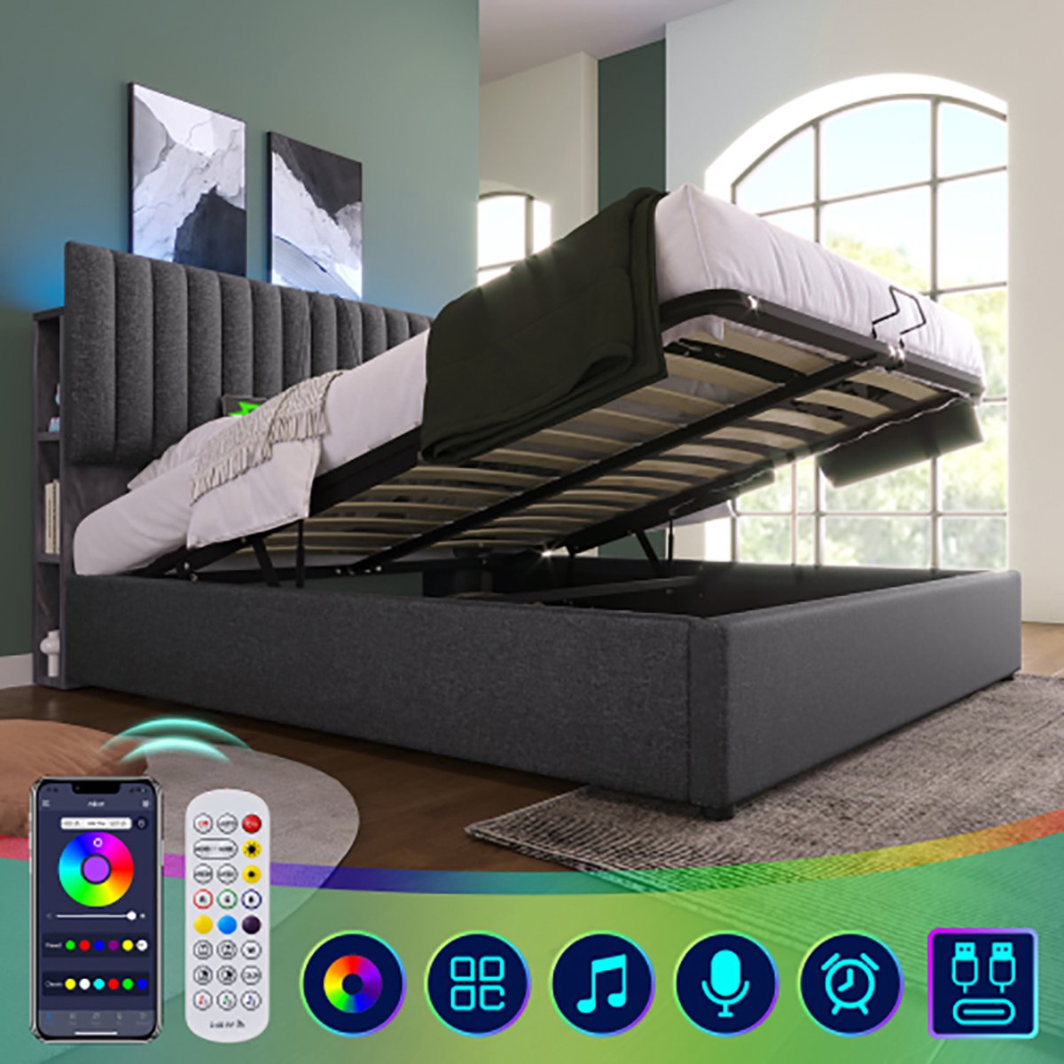 KOMHTOM Tweepersoonsbed 140x200 cm Bed volwassenen met opbergruimte met LED-bediening Verstelbaar hoofdeinde Lattenbodem Grijs