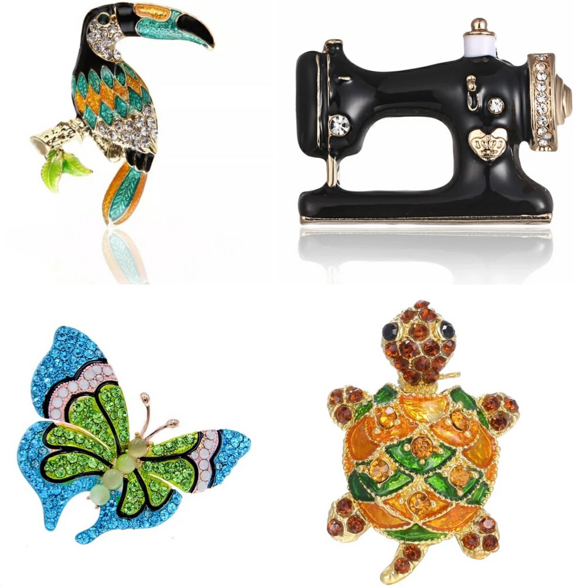 Set van 4 x Broches-Zelto-Schildpad-Naaimachine-Toekan-Vlinder-Dames Broche-Sieraden-Fashion-Mode-Broches-Heren Broche