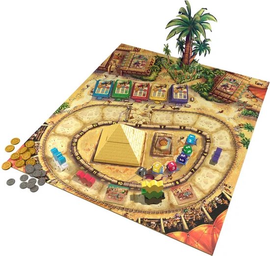 Het bordspel Camel Up met een piramide, kamelen, palmbomen en fiches.