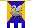 Een geel en blauw banier met een grijze draak.