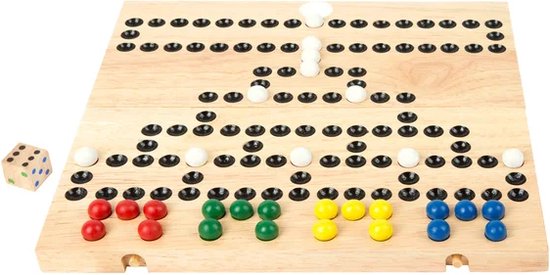 Houten speelbord met zwarte en witte pionnen, rode, groene, gele en blauwe pionnen en een dobbelsteen.