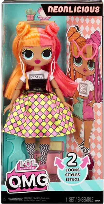 L.O.L. Surprise! O.M.G. Neonlicious doll in verpakking, met tweekleurig oranje-roze haar.