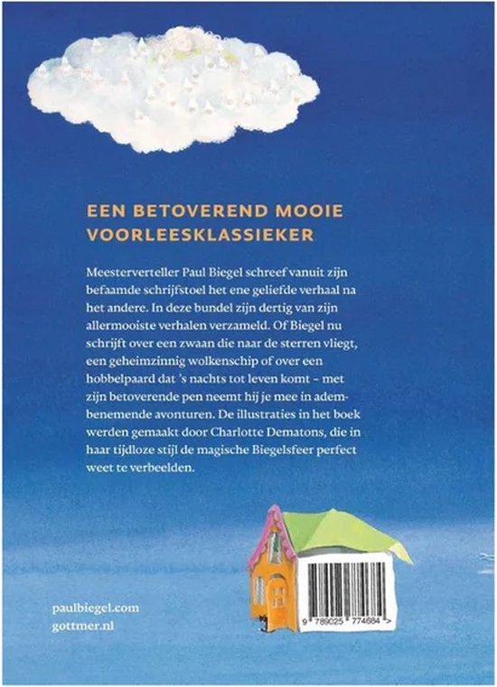 Achterkant van een boek met een blauwe lucht, een wolk, een huisje en tekst "EEN BETOVEREND MOOIE VOORLEESKLASSIEKER".