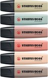 Zes STABILO BOSS Original textmarkers in pastelkleuren: crèmekleurig, mintgroen, roze, perzik, zand en grijs.