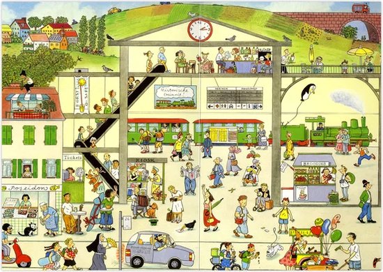 Illustratie van een drukke trein- en busstation met veel mensen, treinen en winkels.