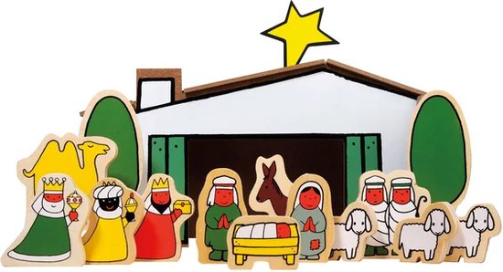 Houten kerststal met veertien figuren: Maria, Jozef, Jezus, herders, schapen, koningen, kameel, ezel en ster. De stal is wit met groene bomen.