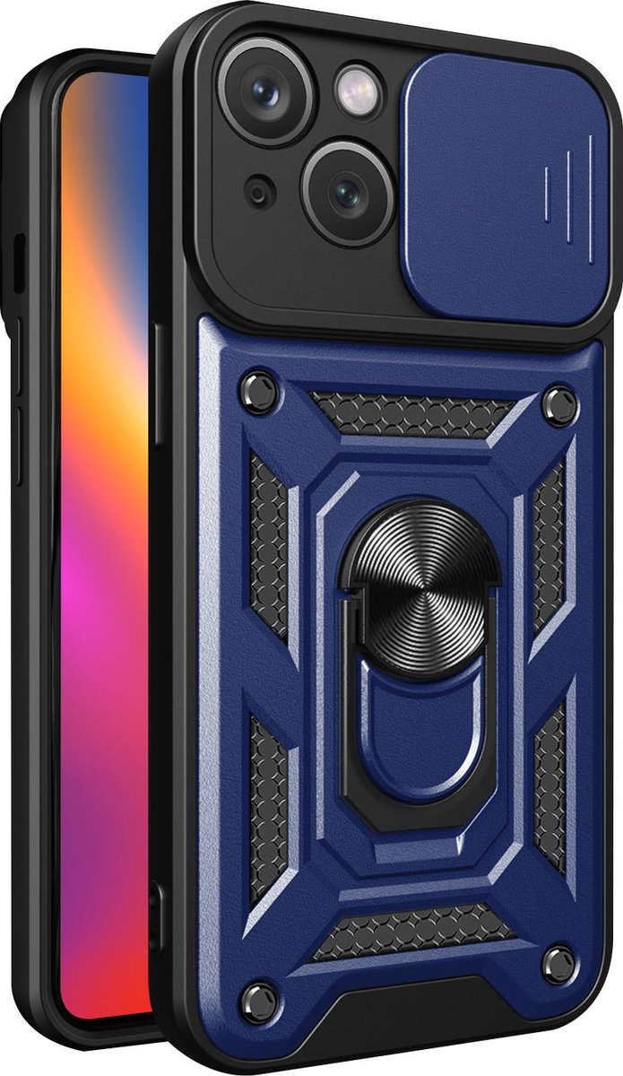 Hoesje geschikt voor iPhone 15 met Ringhouder en Camera schuifje - Arara backcover - Blauw
