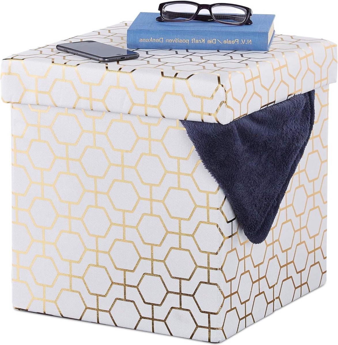 Opvouwbare poef met geometrisch design - Wit-goud - 38x38x38 cm - Opbergruimte .