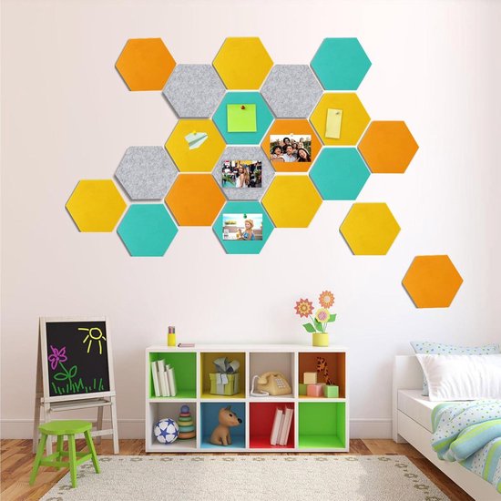 IZSUZEE Prikbord 14 Stuks, Zeshoekig Kurkbord Zelfklevende Kurk Prikbord met 75 Pushpins, 2x Nanoschaallijm, Berichtenbord Kurkentegels DIY Wanddecoratie voor Notities, Plaatjes, Foto, Kamerdecoratie