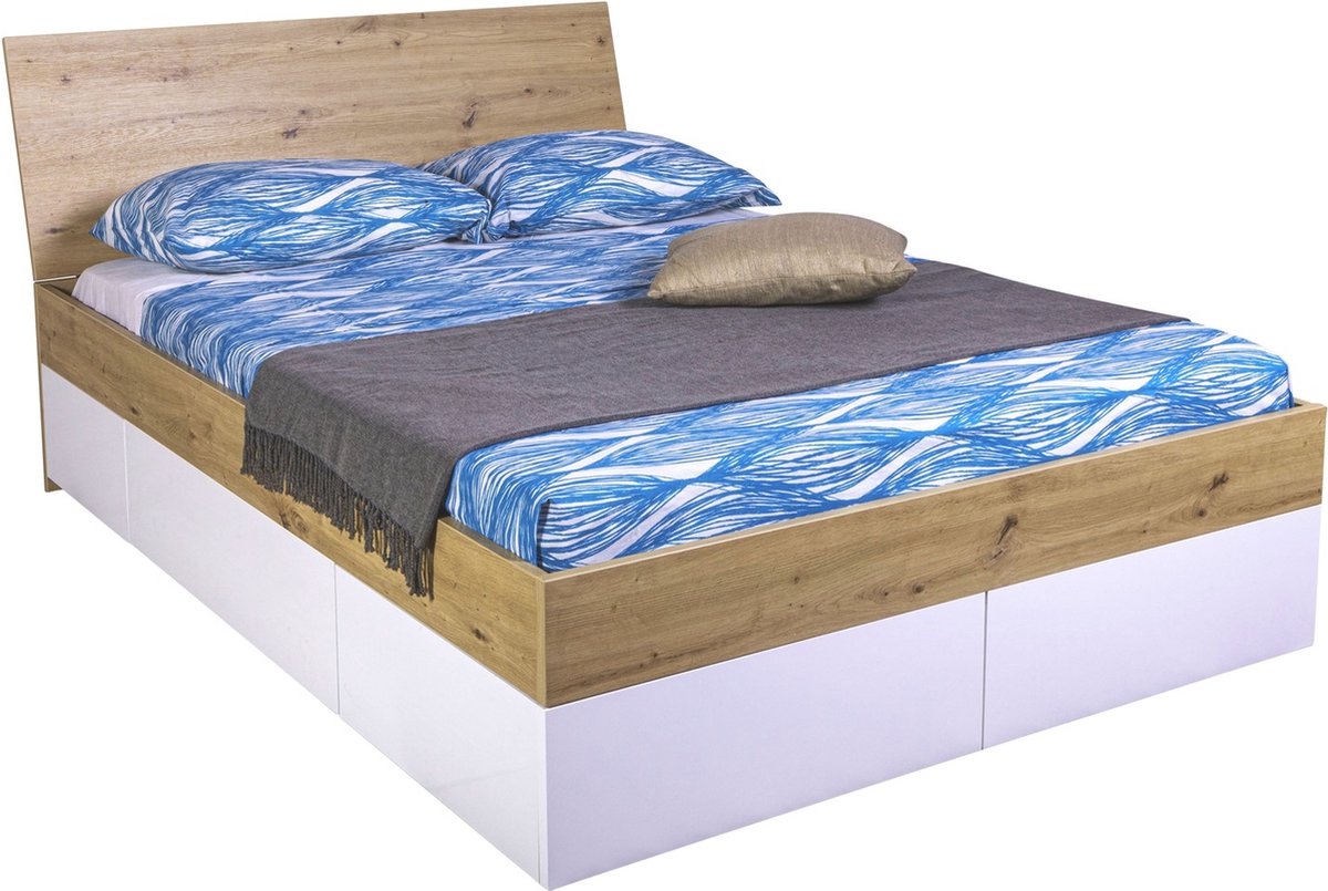 B Bright Opbergbed Mundi met laden - 140 x 200 cm - artisan oak/white