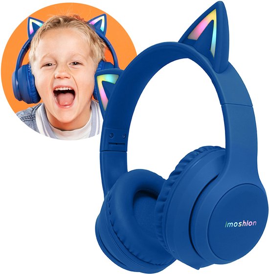 Foto: Imoshion koptelefoon kinderen met kattenoortjes bluetooth kinder koptelefoon hoofdtelefoon draadloos over ear cobalt blue