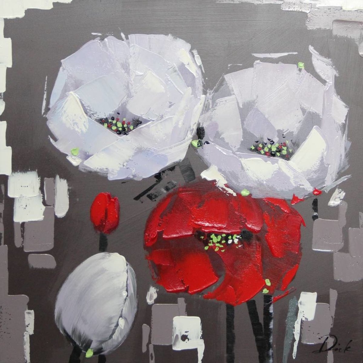 karo-art Schilderij - Handgeschilderd - Klaprozen 80x80cm Multikleur