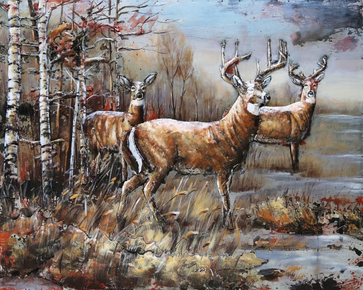 Home Schilderij - Metaalschilderij - Herten in het bos, 120x80cm Multikleur
