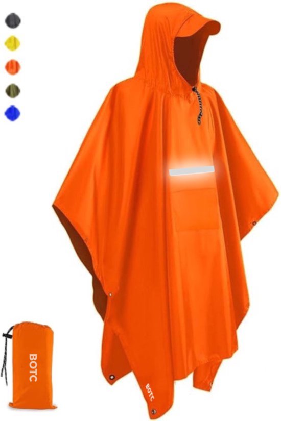 Foto: Botc poncho reflecterende regenponcho fietsponcho fiets met reflecterende strips unisex dames heren waterdicht oranje