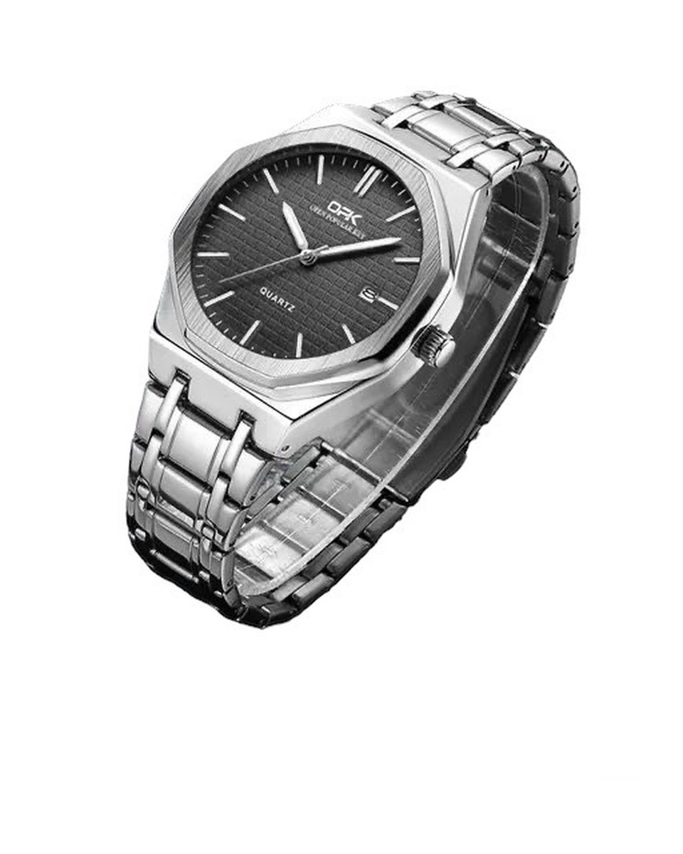 Opk Herenhorloge - Mannen - Zilveren Polsband - Zilver en Zwart - Horlogedoos