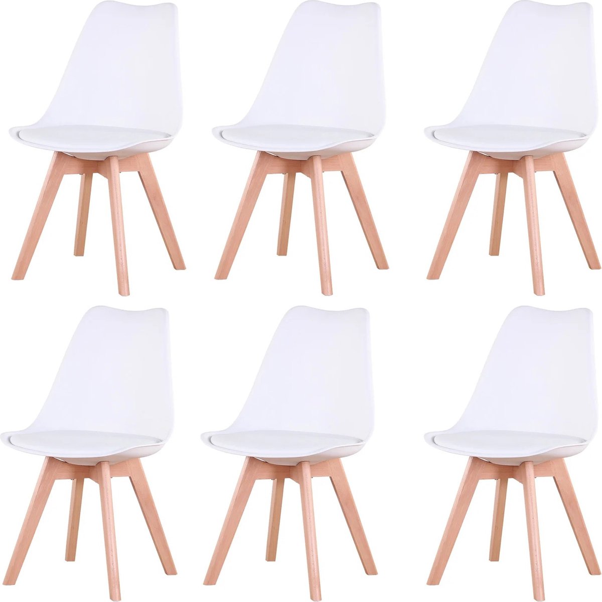 SteeFly® Luxe eetkamerstoelen - Set van 6 design stoelen - Ergonomisch design - Wit met hout onderstel - Zithoogte: 43cm