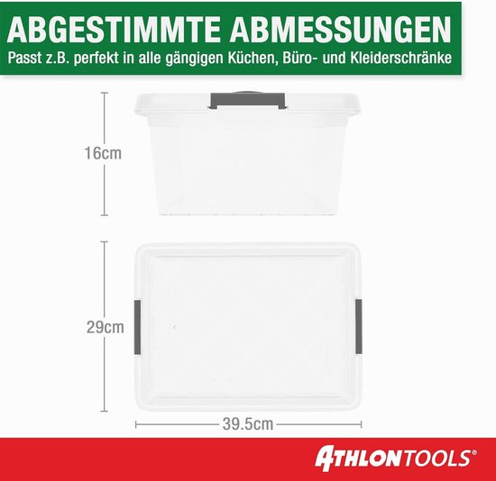 ATHLON TOOLS 10 x 2 l opbergdozen met deksel, klein, 100% nieuw materiaal, transparant, BPA-vrij, stapelbare containers, grijze sluitclips, nagenoeg luchtdicht, organizer