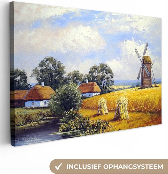 Canvas schilderij 120x80 cm - Wanddecoratie Schilderij - Boerderij - Molen - Olieverf - Muurdecoratie woonkamer - Slaapkamer decoratie - Kamer accessoires - Schilderijen op canvas