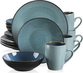 Roroa Luxe Dinnerware Set - Service d'assiettes 4 personnes - Service de table 16 pièces - Porcelaine - Bleu clair - Assiettes à dessert