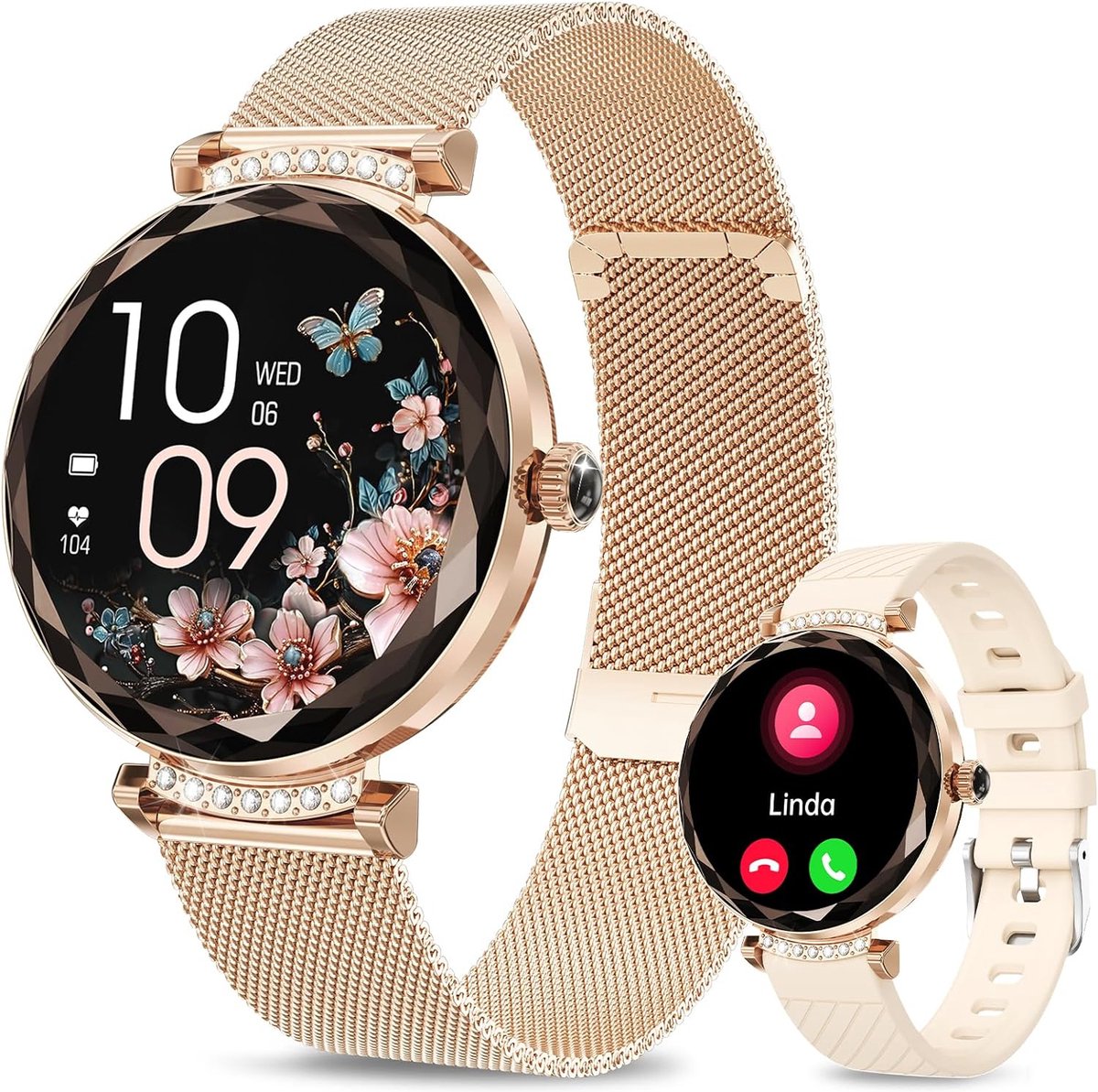 Synyq Diamond Smartwatch Dames Rosé-Goud - 39mm - AMOLED Scherm - 2 Bandjes - Horloge met Belfunctie - Bloeddrukmeter - Stappenteller - Dames Horloge -Android en iOS
