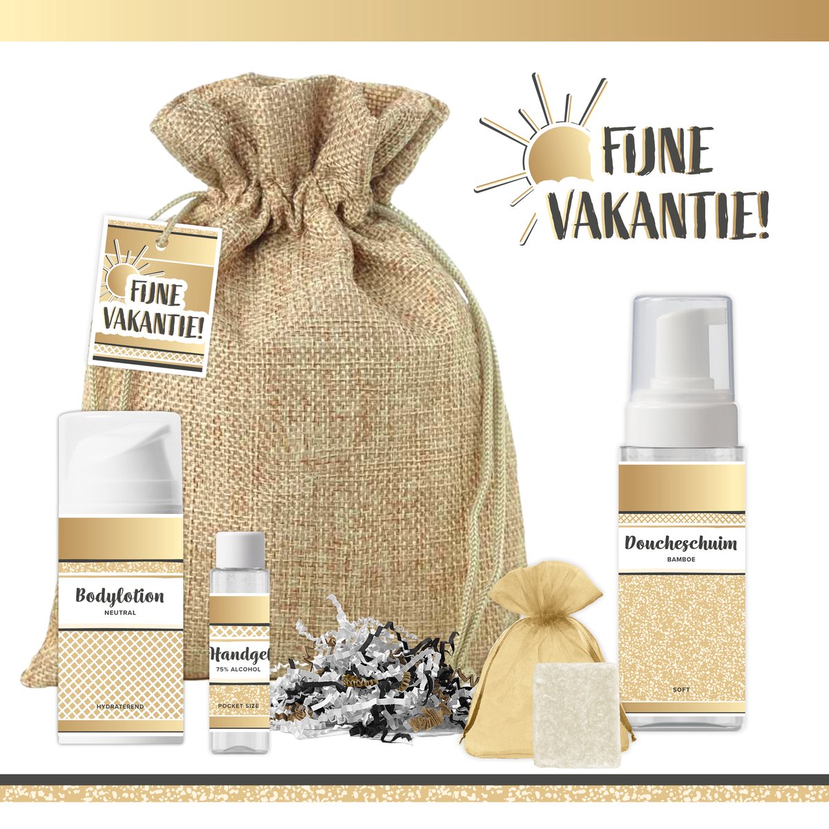 Goedkoopste Geschenkset “Fijne vakantie!” - 5 producten - 400 gram | Giftset voor haar - Wellness cadeautje vrouw - Speciaal voor jou - Prettige vakantie - Klein Cadeaupakketje - Vakantiepakketje - Bedankt - Cadeau - Vriendin - Collega - Vrijwilliger - Zon Goud