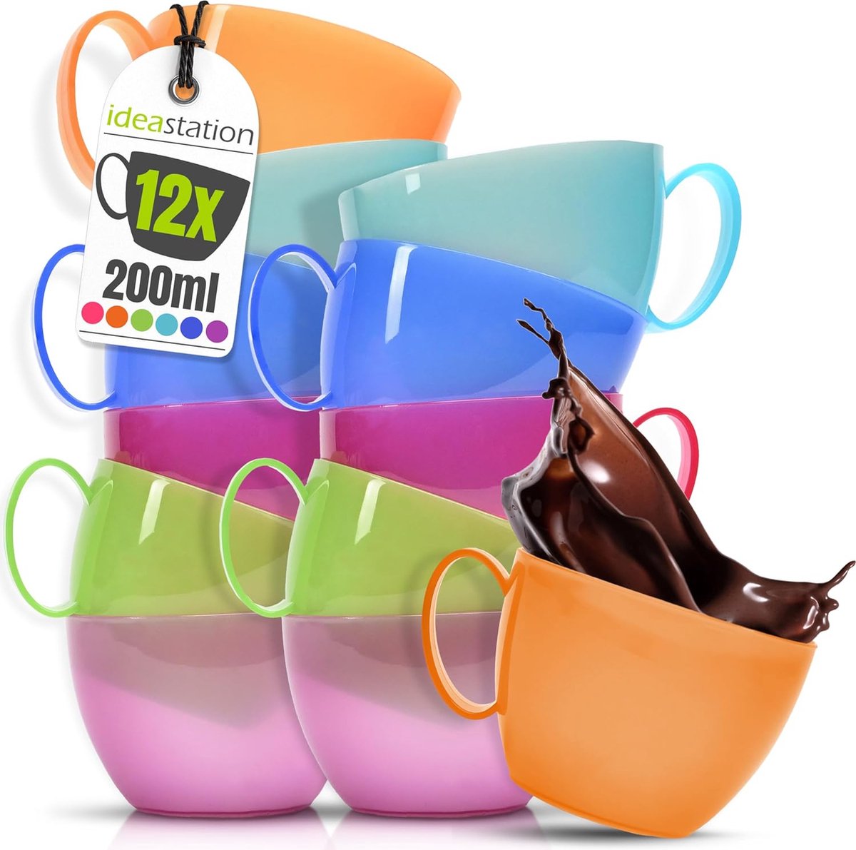 Plastic mokken - 12-delige set - 200 ml - Kleurrijk - Plastic - Onbreekbare - Met handvat