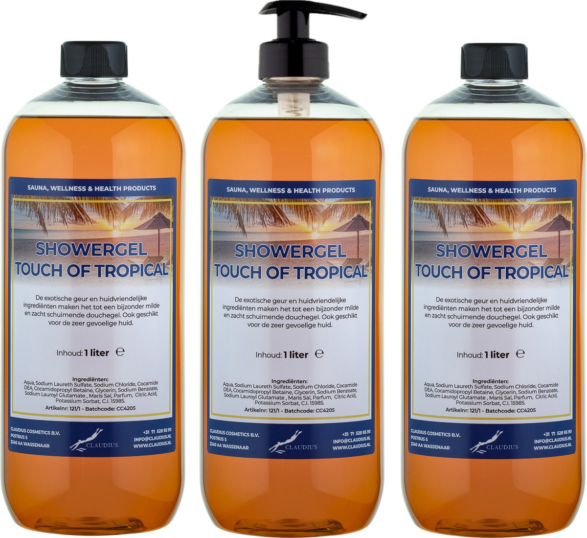 Goedkoopste Douchegel Touch of Tropical 1 liter - set van 3 stuks - met gratis pomp - Showergel