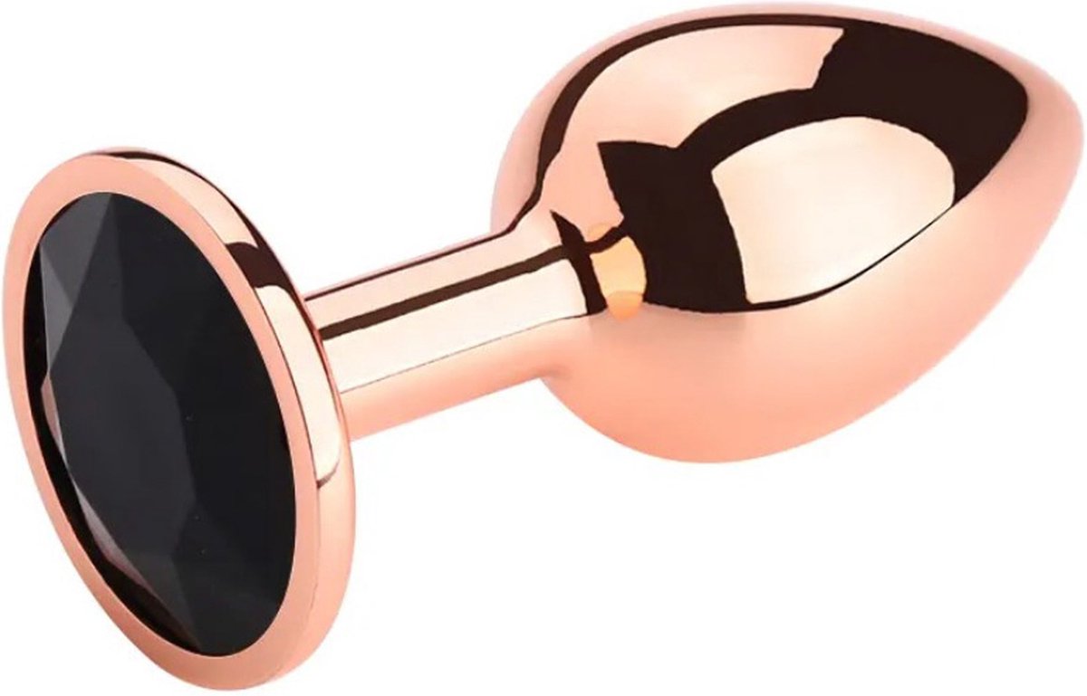 PLGZ - Rosebud Metalen Buttplug - Rosé Goud - Zwarte Siersteen - Verkrijgbaar in 3 maten Large