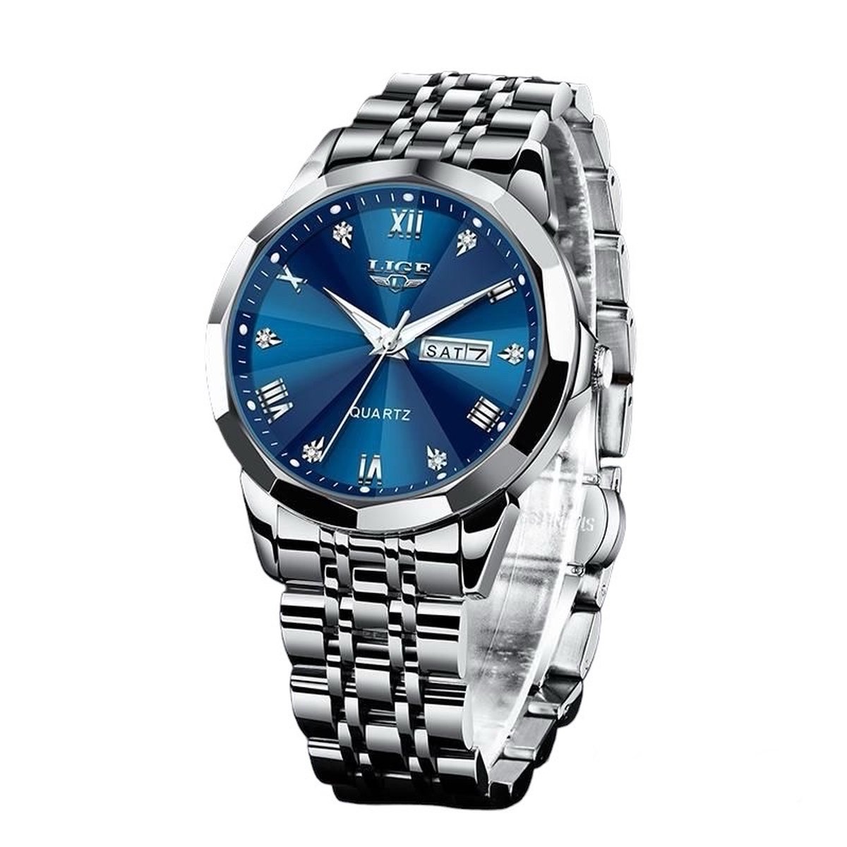 Lige - Herenhorloge - Mannen - Zilveren Polsband - Zilver en Blauw - Horlogedoos