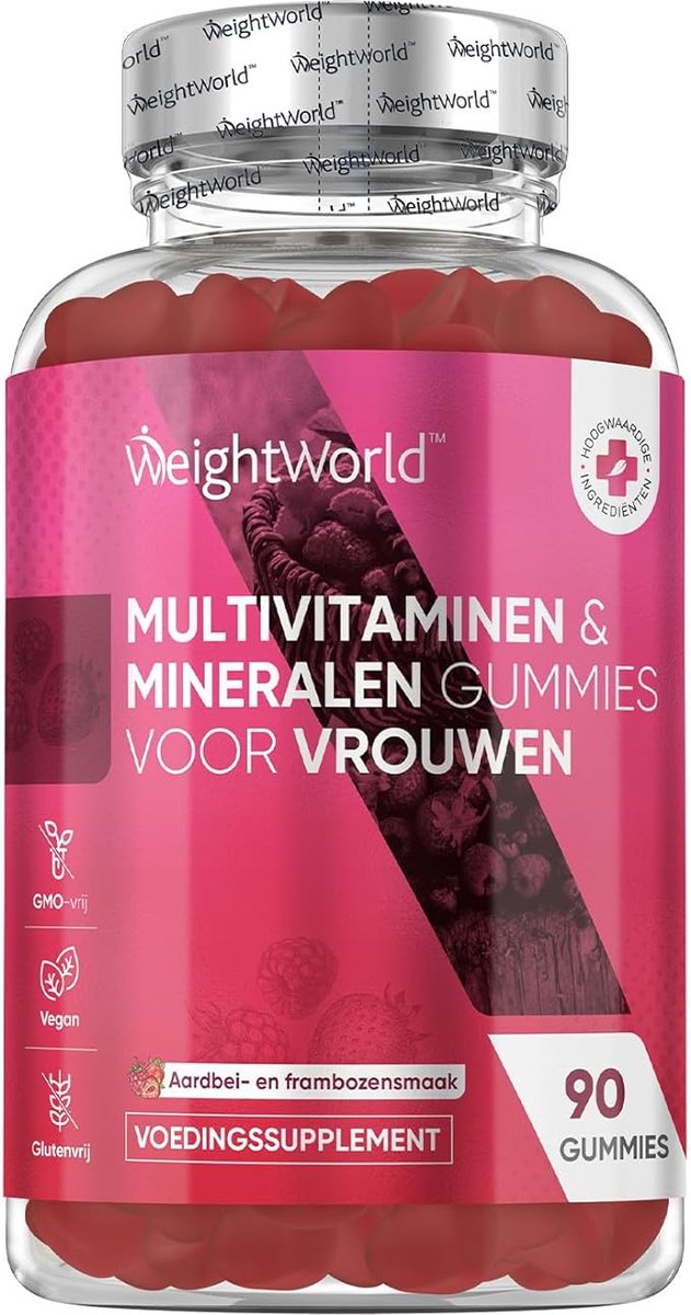 Goedkoopste WeightWorld Multivitaminen Vrouw - 90 vegan gummies - 10 belangrijke vitaminen en mineralen - Met Q10, Teunisbloemolie en Hyaluronzuur