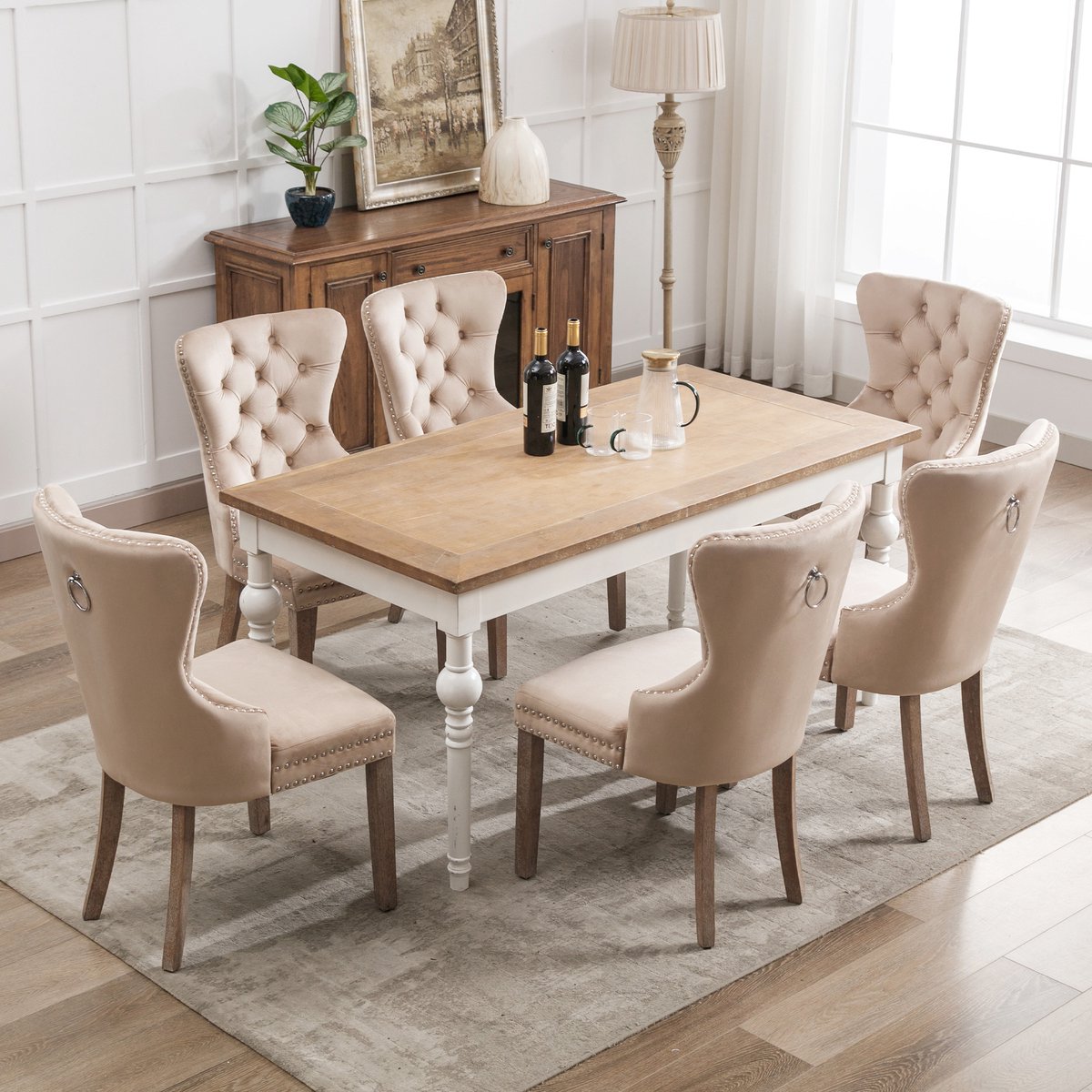 Sweiko Eetkamerstoel (Keukenstoel, Woonkamer Stoel met Unieke deurringen op de rug, 6-delig), gewatteerde stoel met spijkerhoofd decoratie, massief houten poten, fluwelen hoes, Beige kleur(Zonder tabellen)