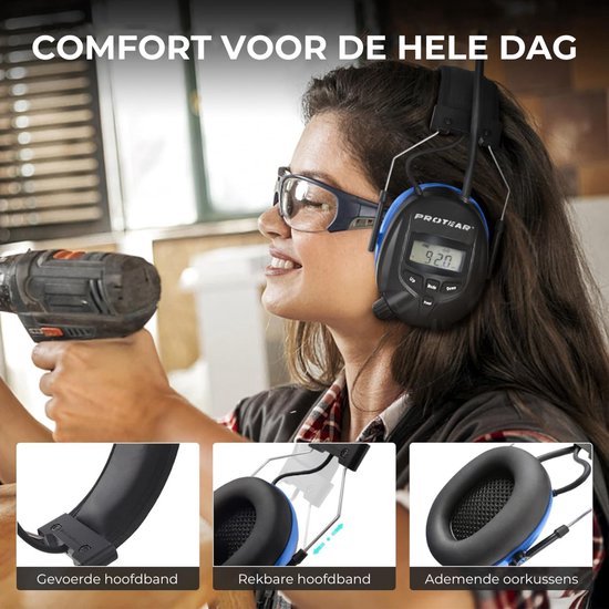 PROTEAR - Oreillettes Rechargeables avec Radio Numérique Bluetooth FM/ AM - Microphone Externe - SNR 30dB - Blauw