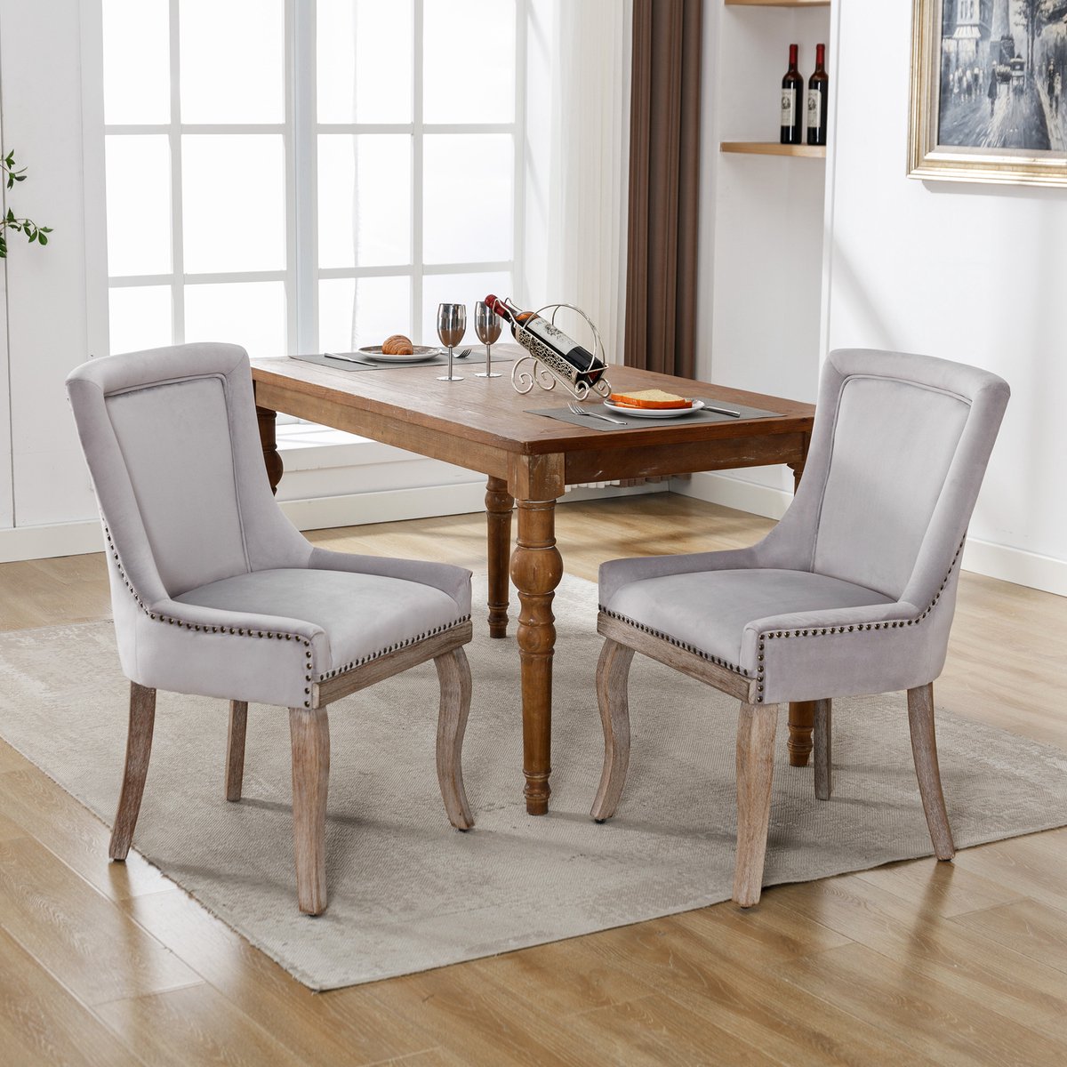 Sweiko Luxe Eetkamerstoelen (Keukenstoelen Voor Woonkamer Stoelen, 2-delig), Zachte Kussens stoelen met spijkerhoofd decoratie, massief houten poten, fluwelen cover, Grijs