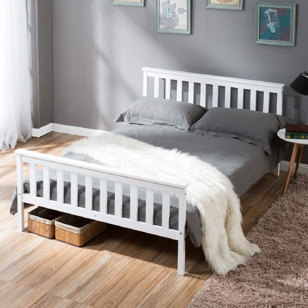 Sweiko Tweepersoonsbed, Houten bed, 140 x 200 cm Massief Houten bed met plat noedelsframe, kinderen, jeugddennenbed, Wit, eenvoudig Sweiko