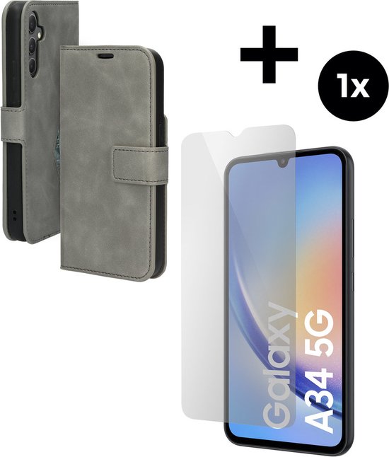 Mobiparts Classic Wallet hoesje geschikt voor Samsung Galaxy A34 (2023) 5G met 1 Screenprotector van Gehard Glas - Grijs