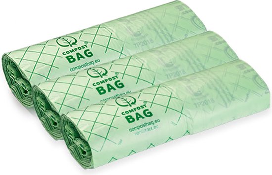 Drie rollen lichtgroene composteerbare afvalzakken met een rasterpatroon en het opschrift "COMPOST BAG".