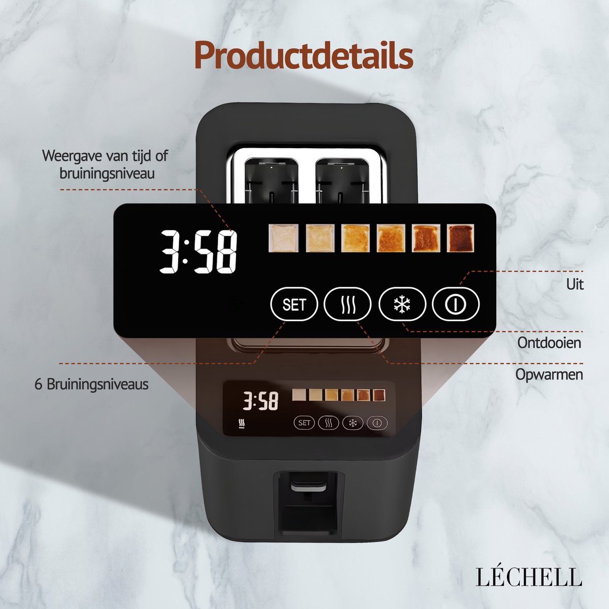 Léchell Broodrooster met tostiklemmen – 6 standen, 900W thumbnail 3