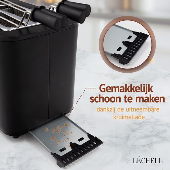 Zwarte Léchell broodrooster met de kruimellade open om schoon te maken.