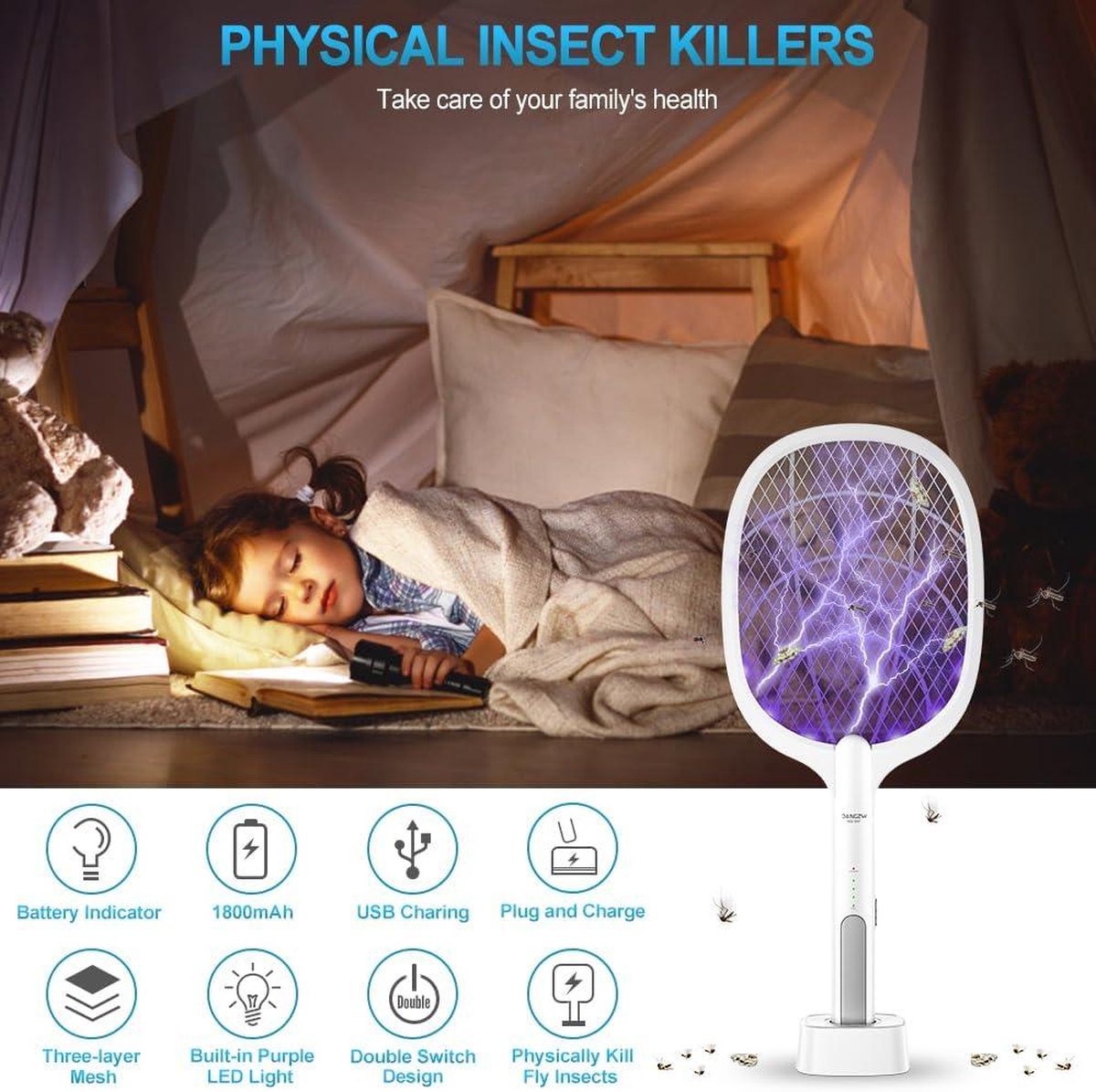 5000V Electric Fly Elektrische Vliegenmepper, Extra Sterke Vliegenmepper Elektrisch, 2 in 1 USB Type-C Elektrische Muggenmepper met Oplaadbare Batterij & UV Lichtval voor Muggen, Vliegen 2-Pack