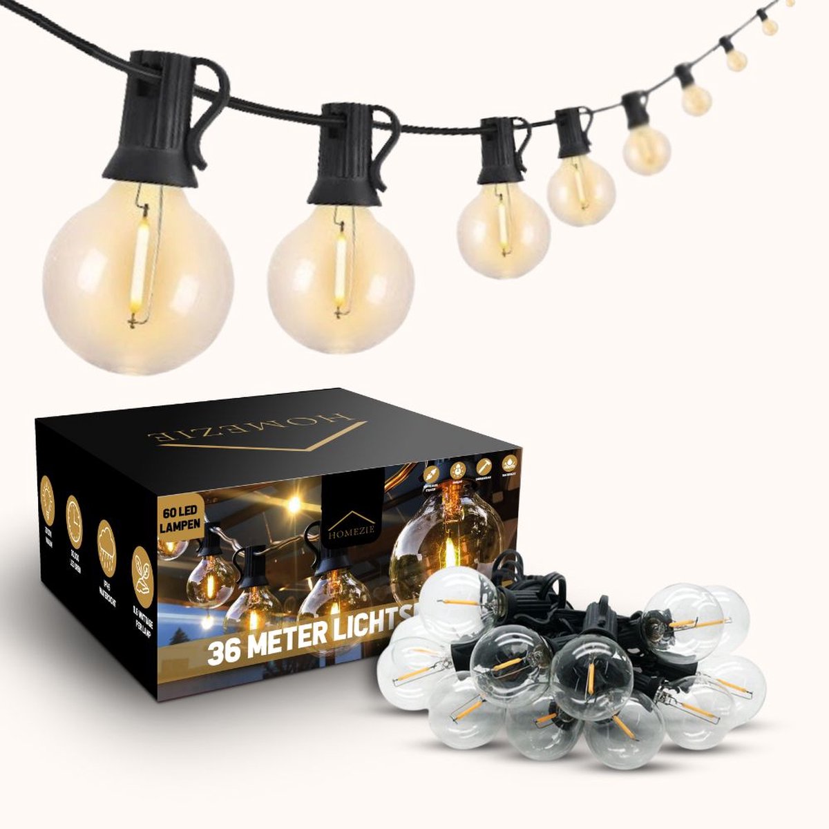 Homezie Lichtsnoer 36 meter met 60 LED bulbs | IP44 Spatwaterdicht | Warm wit | Koppelbaar & Dimbaar | Tuinverlichting | Prikkabel