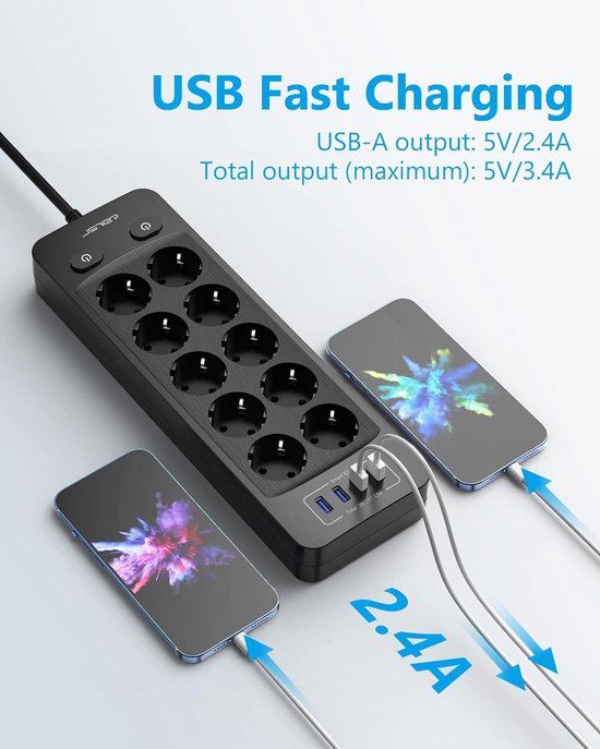 QUTIASE 4 USB Meervoudige Stopcontacten met Schakelaar, 4 Voudige Stekkerdoos, Overspanningsbeveiliging, 3680W, Meervoudige Stekker met USB C, 1,8m Kabel, Wit