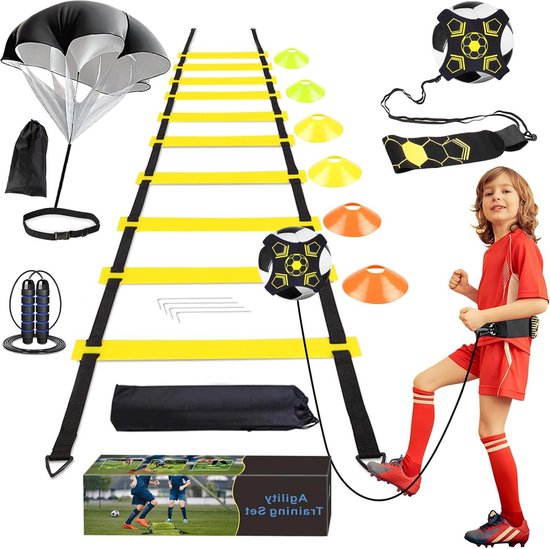 AufuN Voetbaltrainingsaccessoires, 6 verstelbare horden, 12 x kegels voor slalom, beweeglijkheidsladder, weerstand parachute, bevat opbergtas, trainingsapparaat voor alle sporten