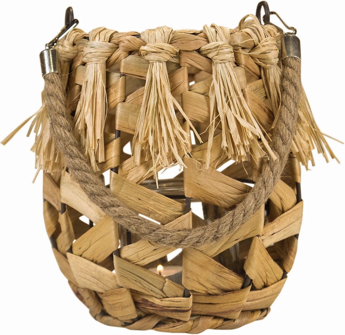Mars & More waterhyacinth windlicht rond franjes 18cm Bruin